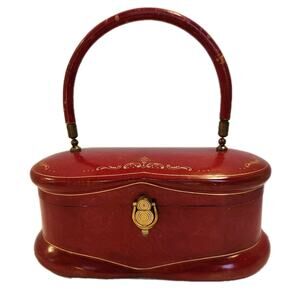 Vtg 1950's MCM Red Leather Italian Top Handle Box Purse Frame Handbag Postwar